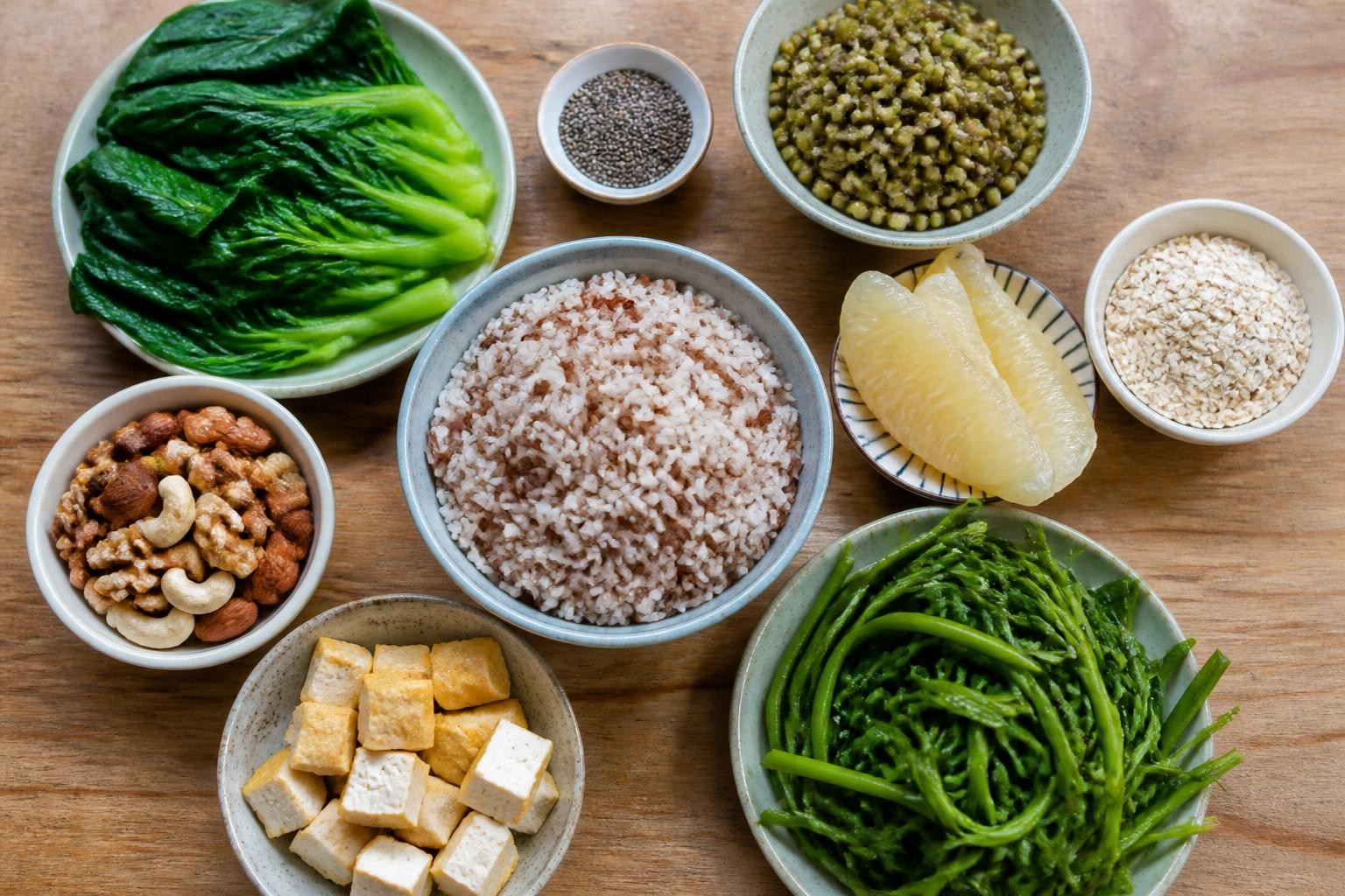Mâm cơm nhiều chất xơ: gạo lứt, rau luộc, đậu, hạt và bưởi