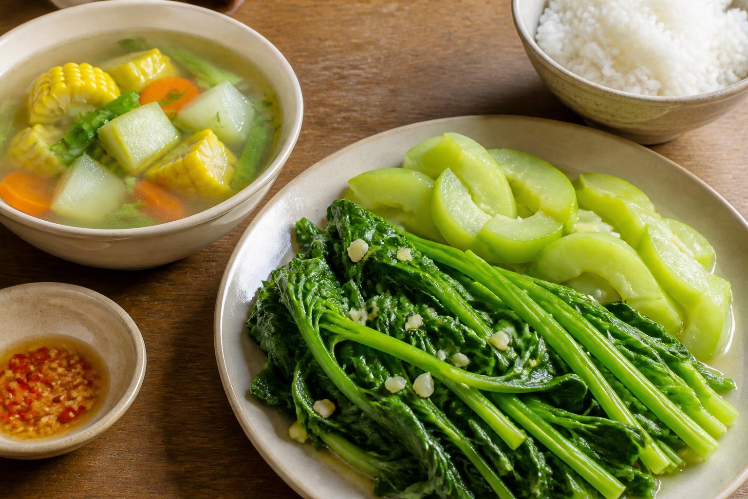 Bát canh rau củ và đĩa rau luộc bên cạnh cơm