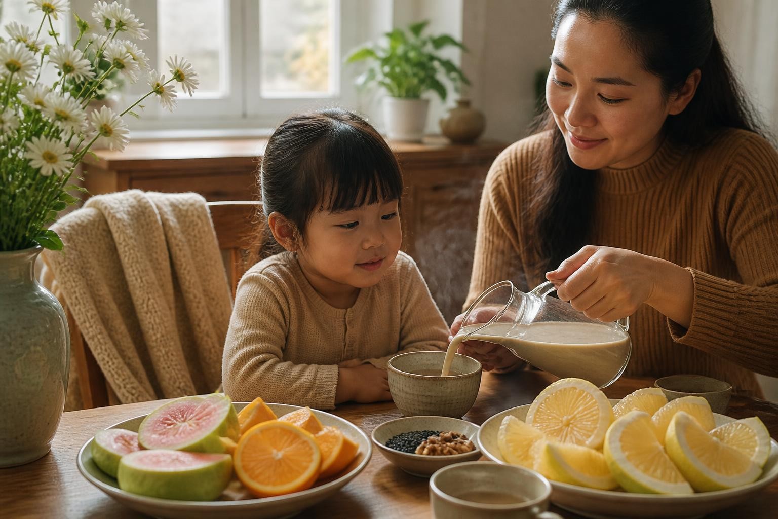 Bữa sáng gia đình ngày se lạnh với trái cây theo mùa