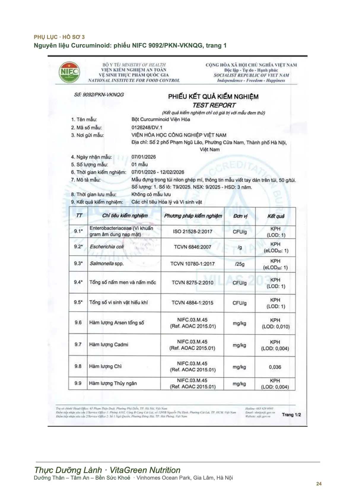 Curcuminoid raw material test report (page 1)