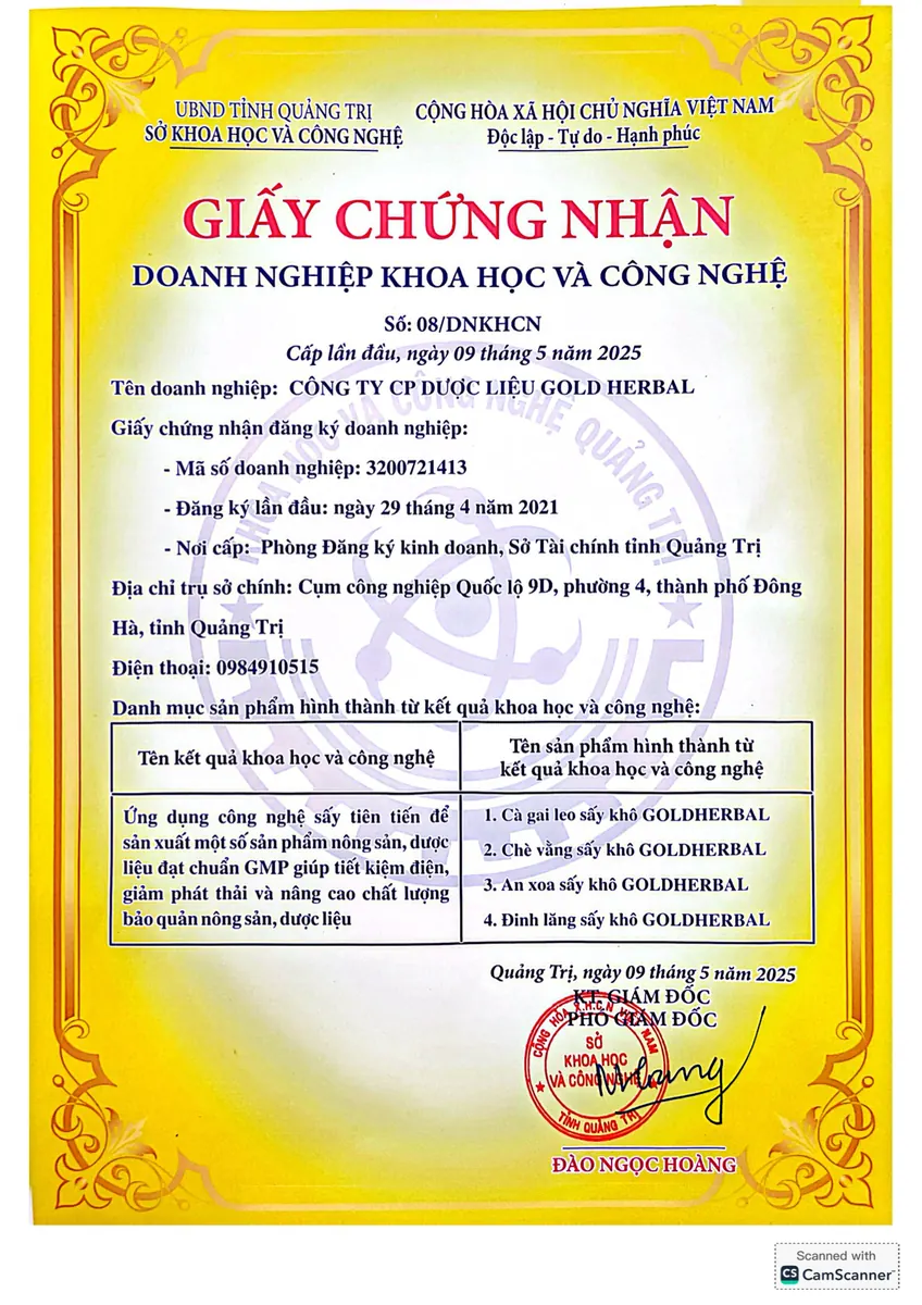 Gold Herbal's Science and Technology Enterprise Certificate No. 08/DNKHCN