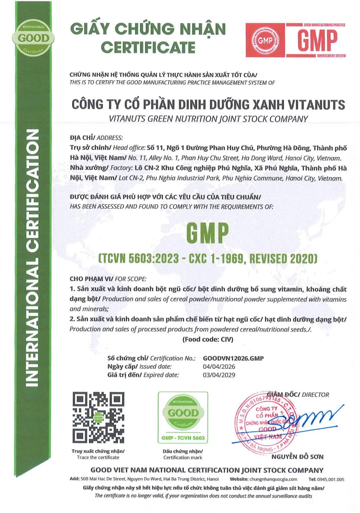 Factory certified GMP (TCVN 5603:2023)