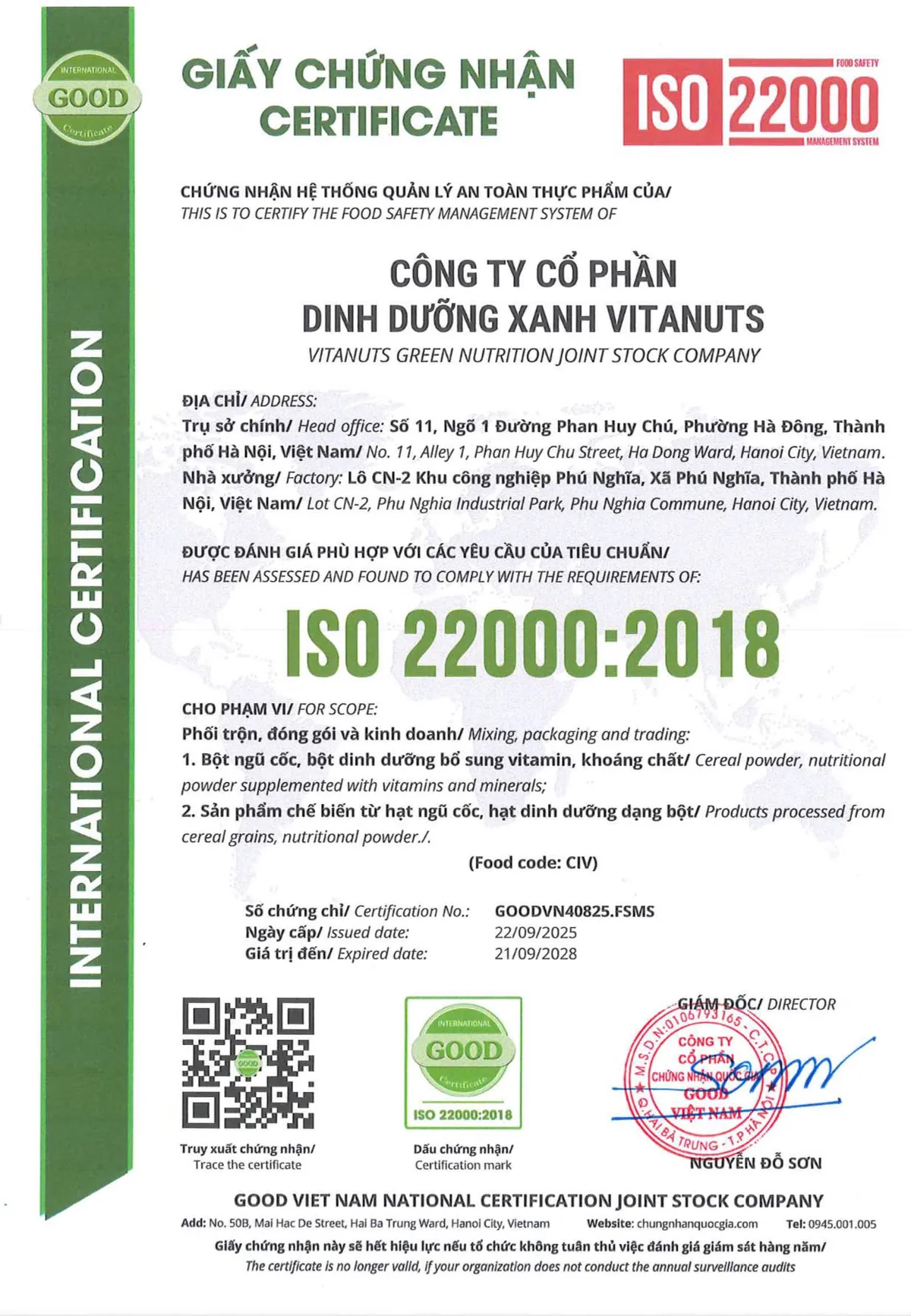 Factory certified ISO 22000:2018 (food safety management)