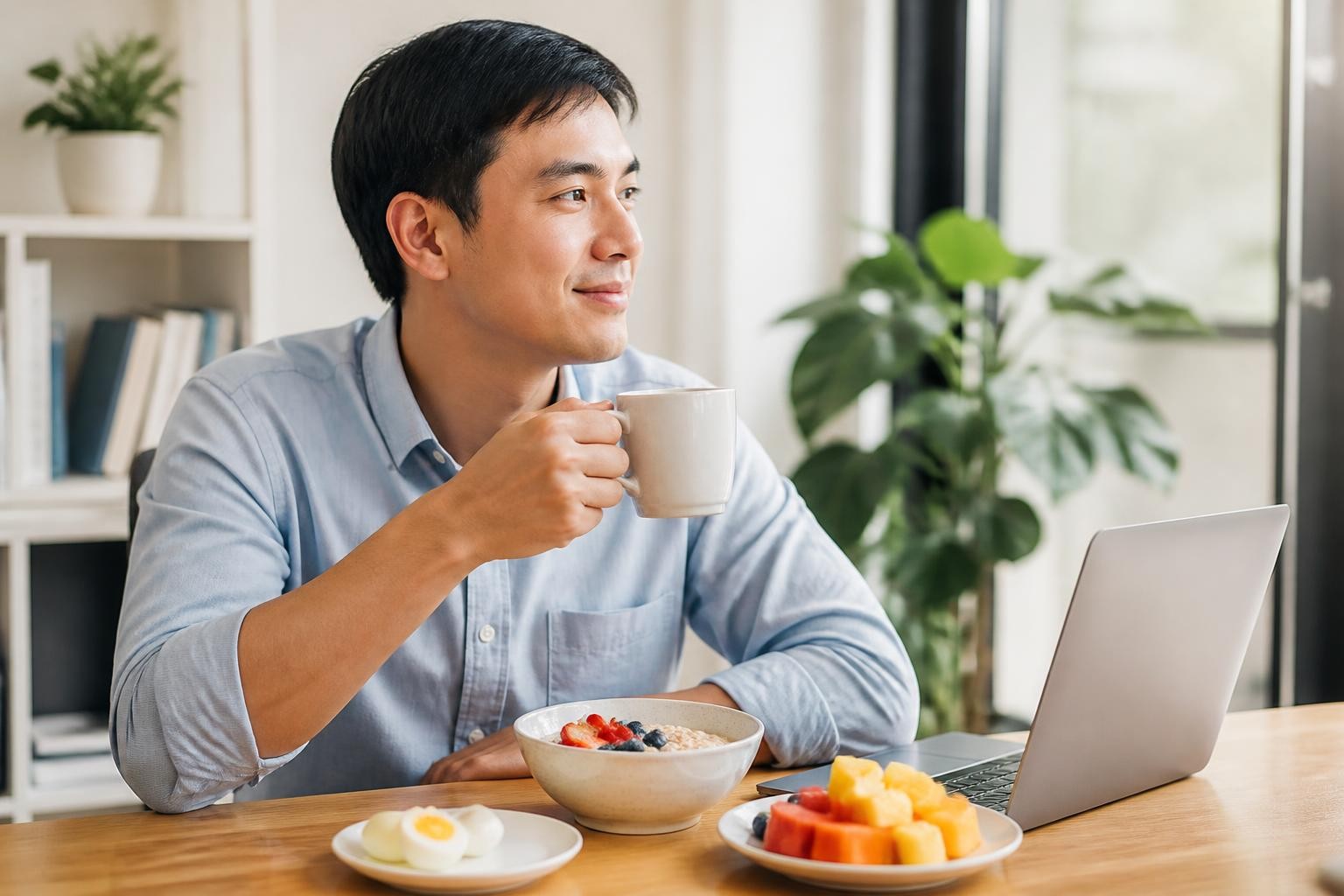 Bữa sáng đủ đạm và chất xơ tại bàn làm việc